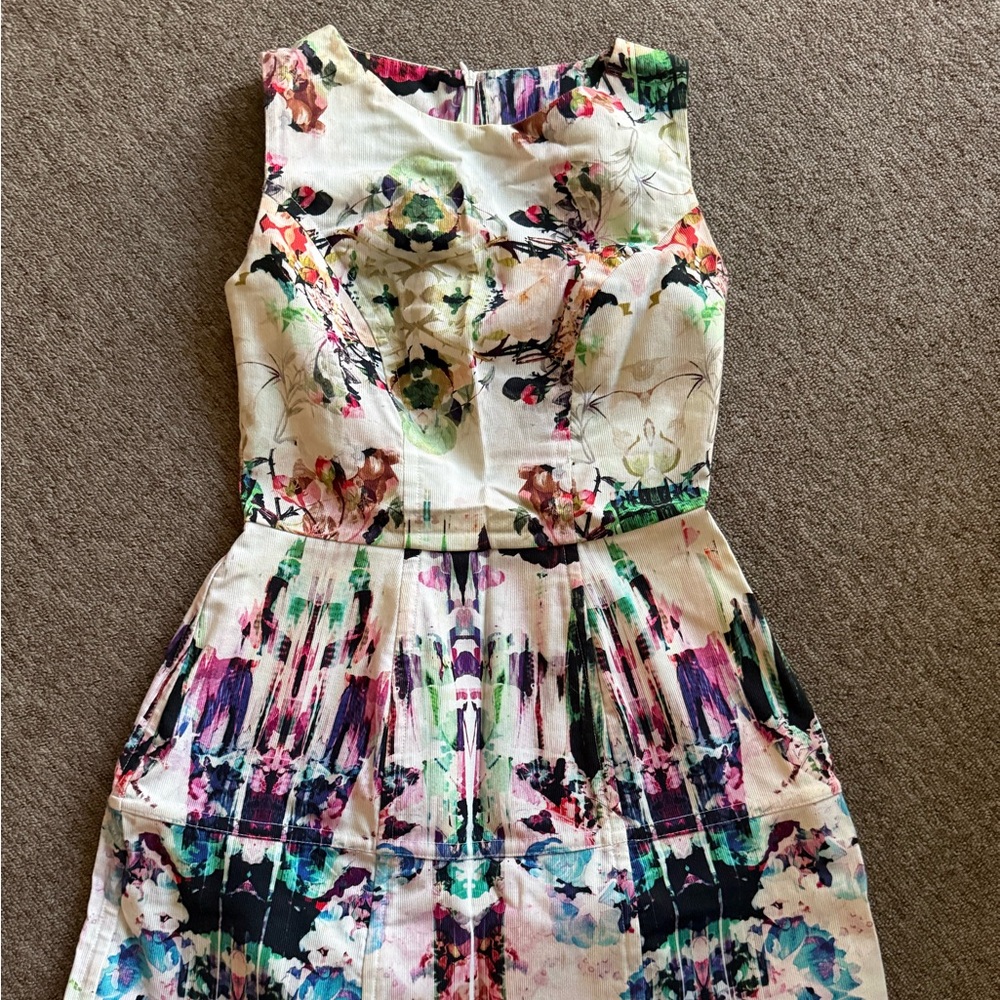 Topshop Sleeveless Dress in Cream with Multicolor Floral Watercolor Print